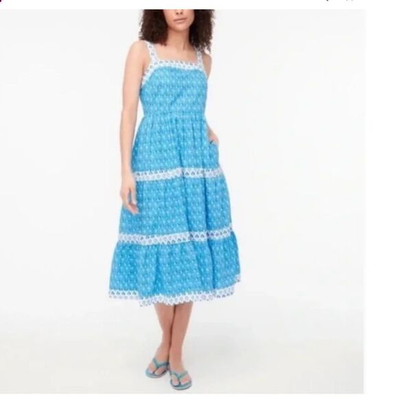 J. Crew factory Dress Block Print Square Neck Tiered Midi Sleeveless 4 - Picture 1 of 8